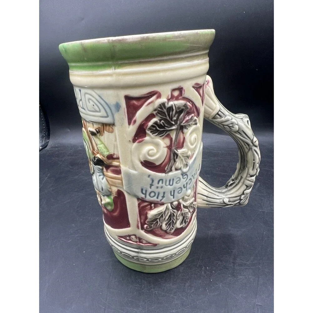Vintage Japanese Prosit Beer Stein Hand Painted Tavern Scene Mug 7” Made Japan